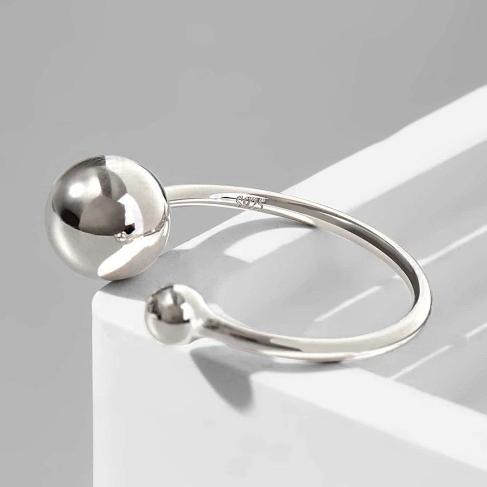 Solid 925 Sterling Silver Hypoallergenic Adjustable Bead Ball Ring - Picture 2 of 7